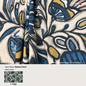 Babessi Floral; Color Indigo; Jacobean Flower Blue; Cotton Curtain, Valance; Extra width, Pleated, Lined Drapery Panel offered as upgrades