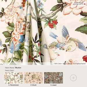 Mudan; 10 Colors; Jacobean Floral Flower Rose Birds Vintage Beige; Cotton Curtain, Valance; Pleated, Lined Drapery Panel offered as upgrades