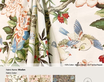 Mudan; 10 Colors; Jacobean Floral Flower Rose Birds Vintage Beige; Cotton Curtain, Valance; Pleated, Lined Drapery Panel offered as upgrades
