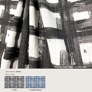 May include: Black and white fabric with a geometric pattern. The fabric is 100% cotton, medium weight, and has a 13.5 inch vertical repeat. The fabric is available in two colors: Ink and Italian Denim.