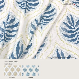 Kelpo; 2 Colors; Abstract Leaves Blue Gold; Cotton Curtain, Valance; Extra width & Length, Pleated, Lined Drapery Panel offered as upgrades