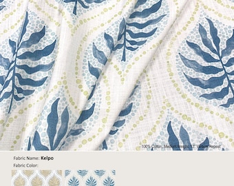 Kelpo; 2 Colors; Abstract Leaves Blue Gold; Cotton Curtain, Valance; Extra width & Length, Pleated, Lined Drapery Panel offered as upgrades