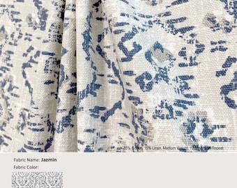 Jazmin; Color Space Blue; Geometric Ikat Grey; Linen Blend Curtain, Valance; Extra Wide, Pleated, Lined Drapery Panel offered as upgrades