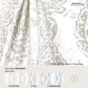 Manchester; 4 Colors French Grey Ecru Cashmere Blue Snowy; Damask Ikat; Cotton Curtain, Valance; Pleated, Lined Drapery offered as upgrades