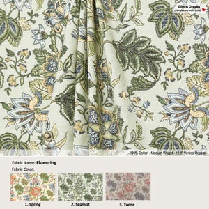 Flowering; 3 Colors; Jacobean Floral Multicolor Green; Cotton Curtain, Valance; Extra width, Pleated, Lined Drapery Panel offered as upgrade