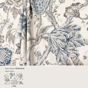 Hinterland; Color Sky; Jacobean Floral Flower Blue; Linen Blend Curtain, Valance; Extra width, Pleated, Lined Drapery offered as upgrades