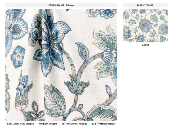 Jacobean Linen Curtain Panel, Blue Floral Window Panel in Kaufmann Designer  Fabric Brissac 