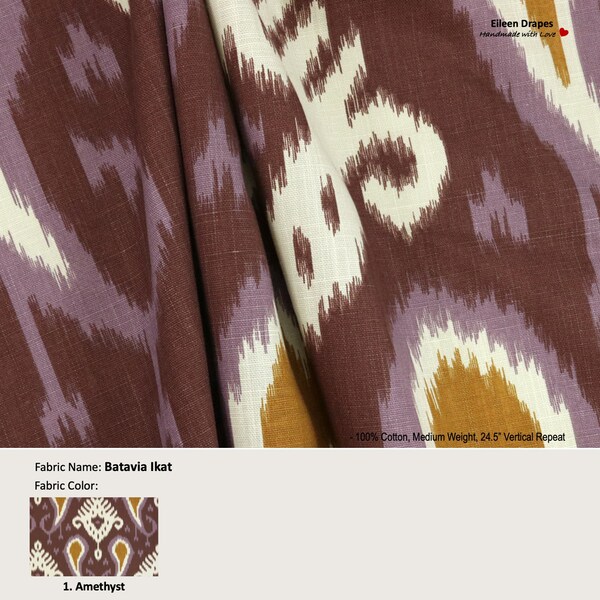 Batavia Ikat; Color Amethyst; Geometric Purple Brown Yellow Beige; Cotton Curtain, Valance; Pleated, Lined Drapery Panel offered as upgrades