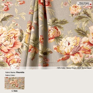 Fleuretta; Color Slate; Vintage Floral Flower Gray; Cotton Curtain, Valance; Extra width, Pleated, Lined Drapery Panel offered as upgrades