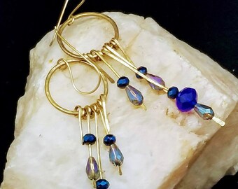 Hammered jewelers brass blue glass long dangles