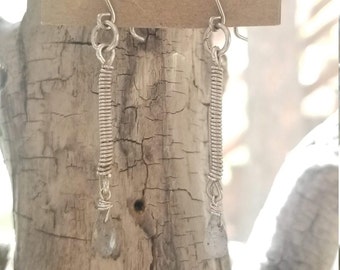 Sterling silver metalwork coil dangle earrings with labradorite