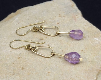 Brass metalwork dangle earrings with amethyst