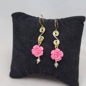 Pink rose brass metalwork dangle earrings