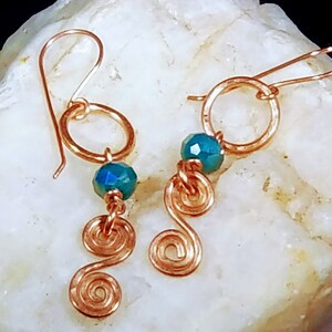 Hammered copper and aqua glass dangle earrings