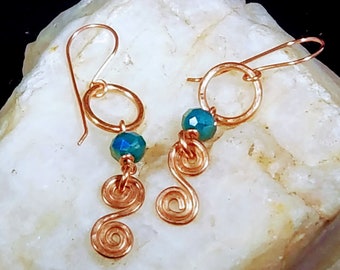 Hammered copper and aqua glass dangle earrings