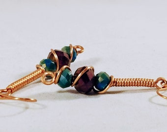 Hammered copper, coil wire wrapped aqua glass and purple crystal earrings