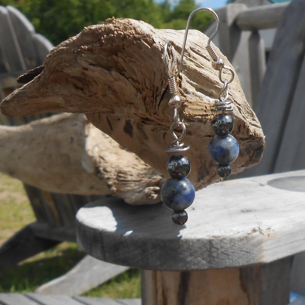 Hand Beaded Drop Earrings / Blue Sodalite and Hematite / Cute Fun Summer Pudgy Little Drop Dangle Earrings