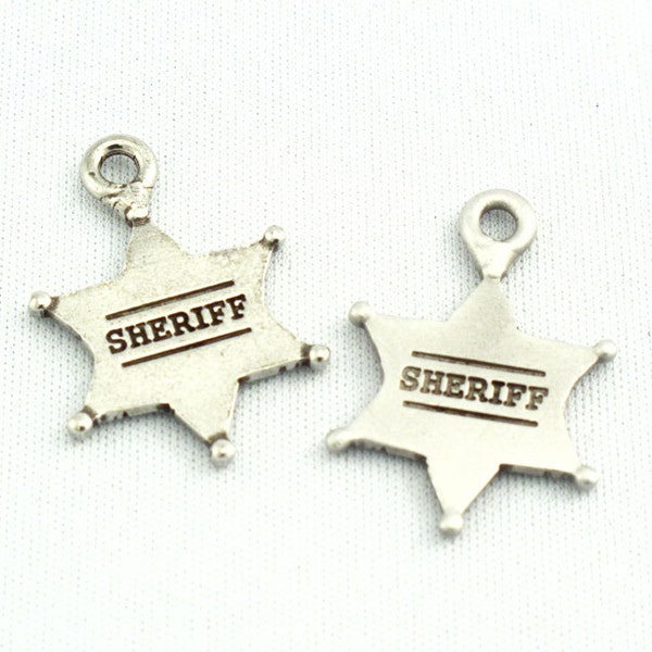 4X Sheriff Star Antique Nickel / Silver Charm Pendant Finding QTY: 4