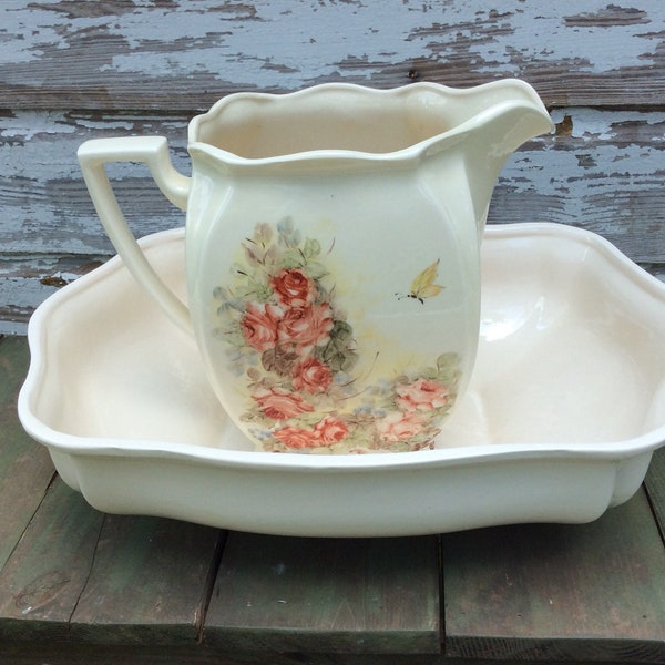 Beautiful Handmade Antique Pitcher and Wash Basin~Vintage Pitcher and Wash Bowl~Hand Painted French Country Porcelain Pitcher and Wash Basin