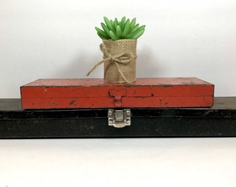 Metal Boxes, Small Vintage Industrial Toolbox~Red and Black Metal Drill Bit Box