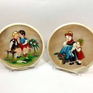 Vintage Hand Carved Hand Painted Folk Art Wood Plates