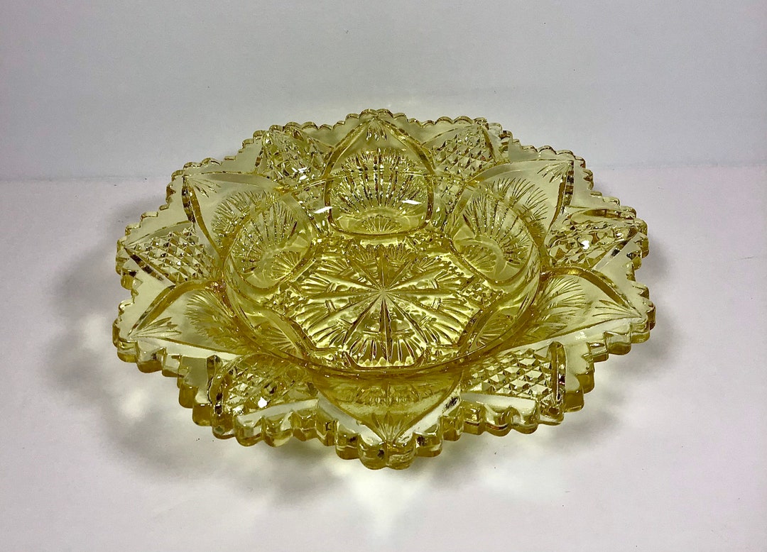 Vintage Pressed Glass Bowl Vaseline Glass Bowl Etsy