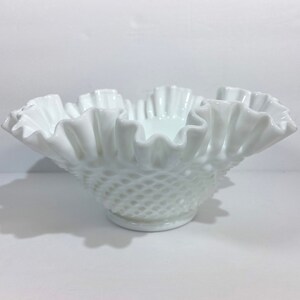 Vintage Fenton White Hobnail Milk Glass Ruffled Edge Bowl