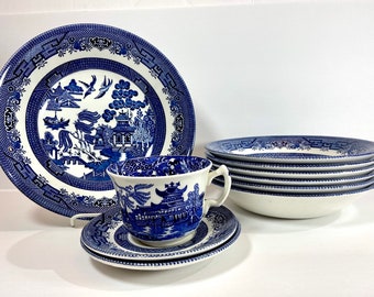 10 Pieces Churchill Blue Willow Bowls Teacup and Saucer~French Country Farmhouse Decor