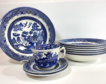 10 Pieces Churchill Blue Willow Bowls Teacup and Saucer