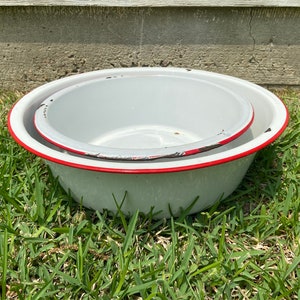 2 X-Large white and red enamel basins