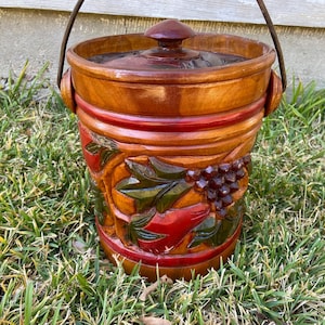 Vintage Wooden Ice Bucket With Fruit Carvings