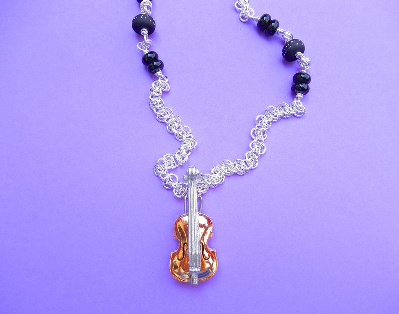 Fancy Violin viola cello bass locket gold plated with sterling silver chain and black lamp work beads