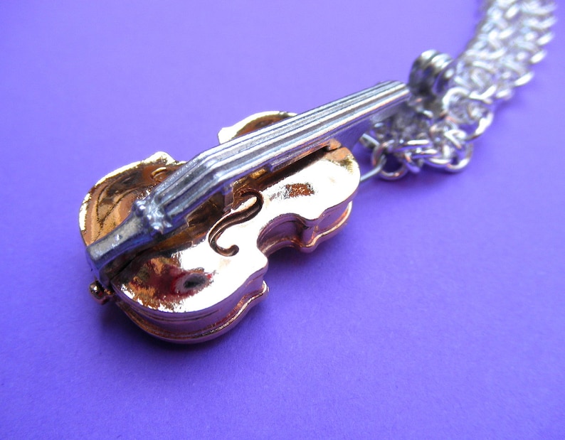 Fancy Violin viola cello bass locket gold plated with sterling silver chain and black lamp work beads
