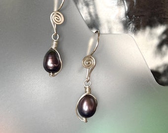 Black Pearl Earrings in Argentium Sterling Silver, June Birthstone