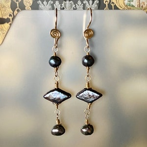 Black Peacock Pearl Earrings in 14k Gold, June Birthstone