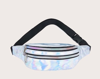 May include: A silver iridescent fanny pack with a black adjustable strap and two zipper closures.