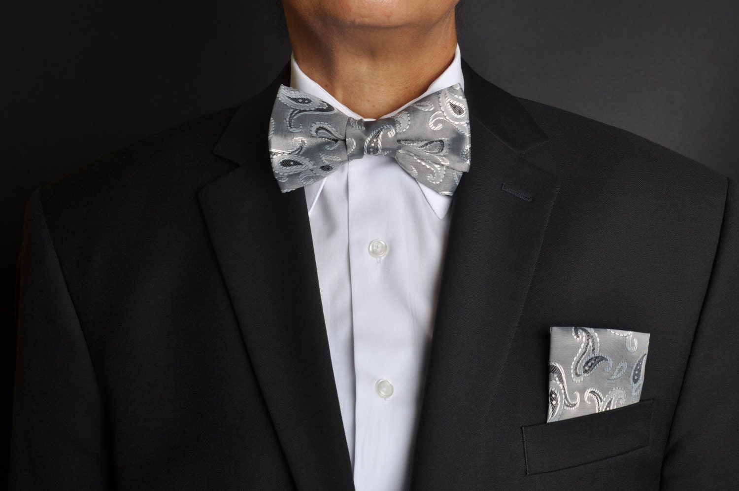 Bow Tie & Handkerchief black and silver gray set,Valentino Man About Town
