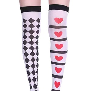 Thigh high black red and white heart socks, also red and green Freddy Krueger socks