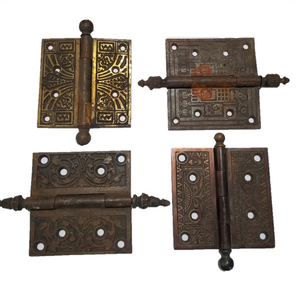 1880's Antique Iron Hinge Lot 4 x 4 Fancy Scroll & Floral Motifs