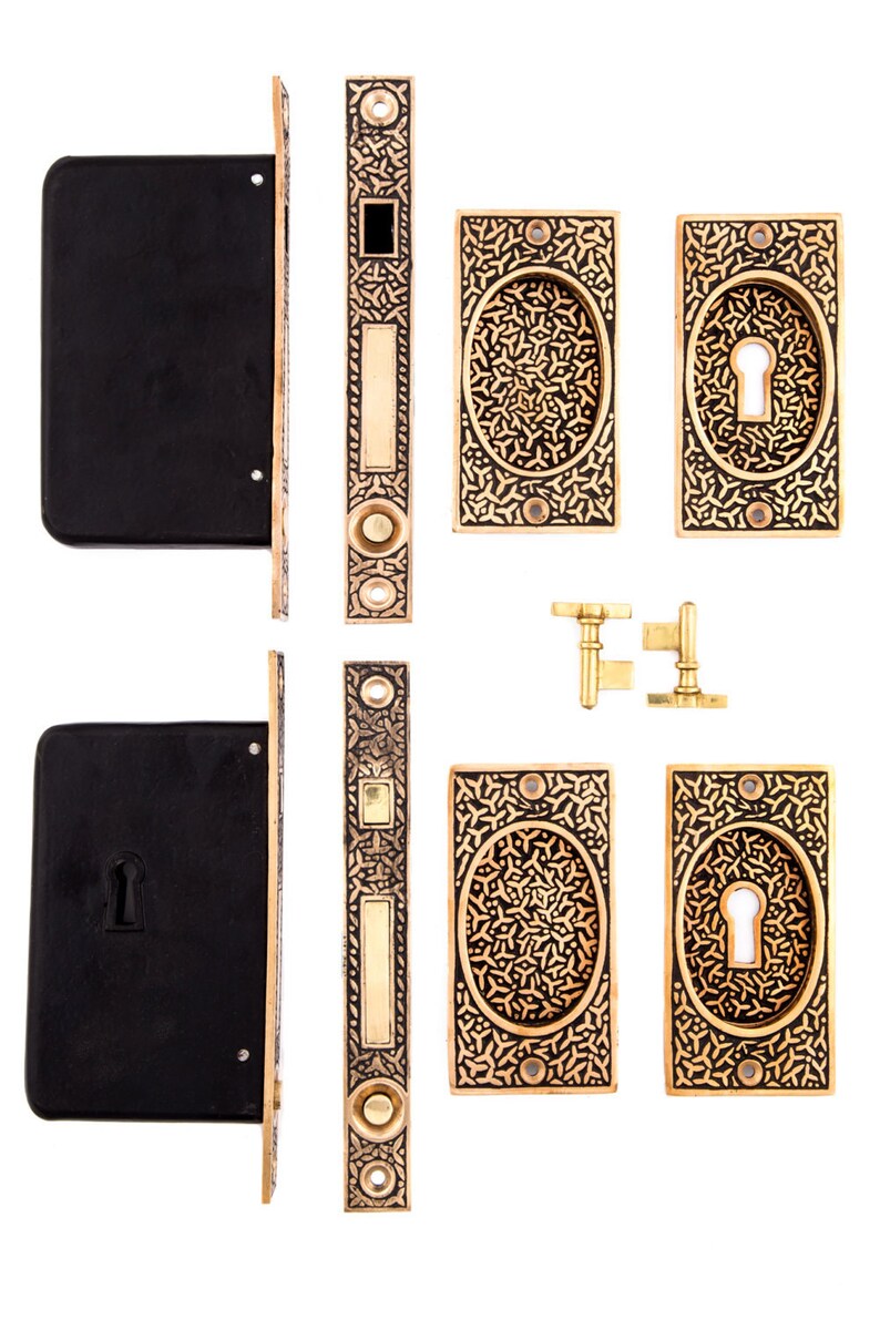 Rice Double Pocket Door Locking Set Solid Bronze