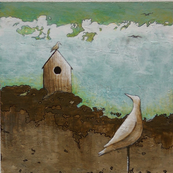 Original art, Bird painting, Bird couple, Bird art, Bird artwork, Birdhouse, Nesting box painting, 6x6 inch painting within an 11x14 mount