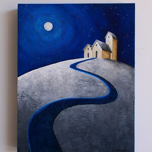 Original acrylic painting of a night scene with houses on a hill & full moon, Modern hand-painted folk art, 11 x 14 inch artwork on wood bild 1
