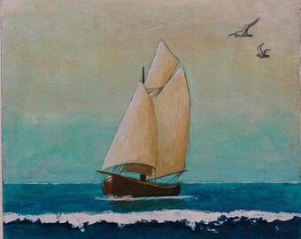 Sailboat painting, sailing boat image, seascape, blue & beige nautical wall art, original 6x6 acrylic painting within an 11x14 inches mount