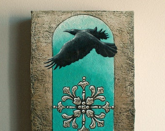 Raven painting, Crow painting, Black bird painting, Crow artwork, Bird wall art, Archway, Original art, Small canvas art, 8x6 inch painting