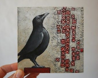 Small black bird painting, Original crow art, Small raven wall art, Bird art, Red squares, Acrylic on wood, 5x5 inch art, Art ready to hang