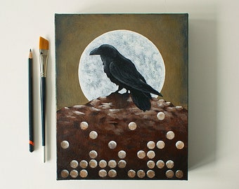 Raven painting, Black bird painting, Crow painting, Full moon, Small original bird art, Nature themed art, Small canvas art, 10 x 8 inches