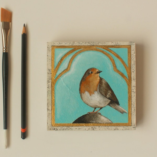 Small original bird art, Robin bird painting, Bird painting, European robin, Wildlife, Impressionist bird art, Acrylic on wood, 5x5 inches