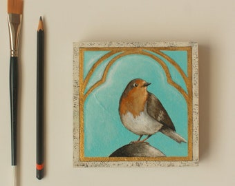 Small original bird art, Robin bird painting, Bird painting, European robin, Wildlife, Impressionist bird art, Acrylic on wood, 5x5 inches