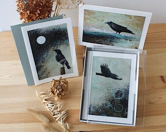 Set of 3 ORIGINAL HAND PAINTED raven greeting cards, Crow greeting cards with envelopes, Black bird art, Blank 5"x7" cards for all occasion