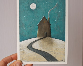 Night scene painting, House on hill artwork, Full moon illustration, Blue night painting, Scenery painting, Small original art on cardboard